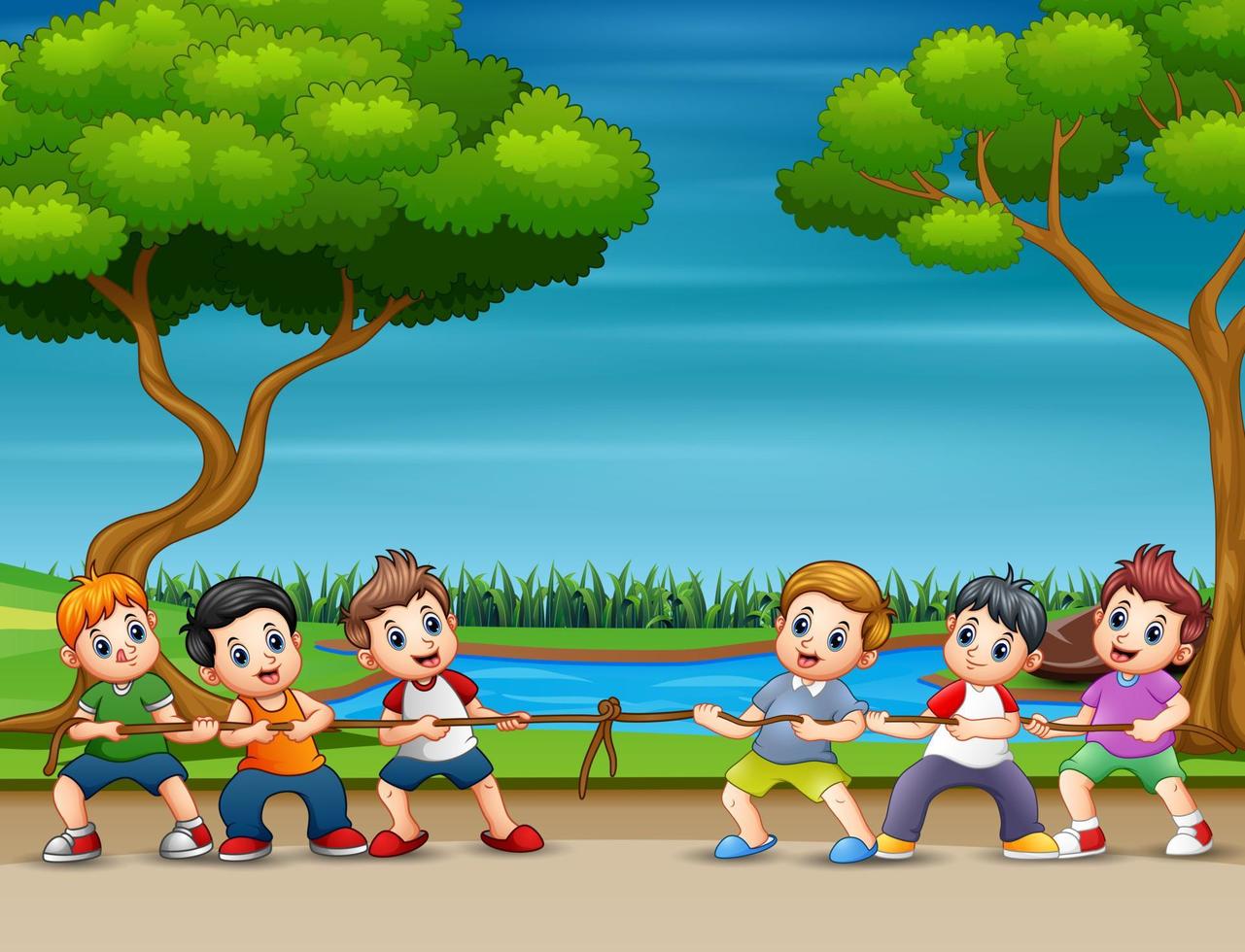 Cartoon children playing tug of war in the park vector