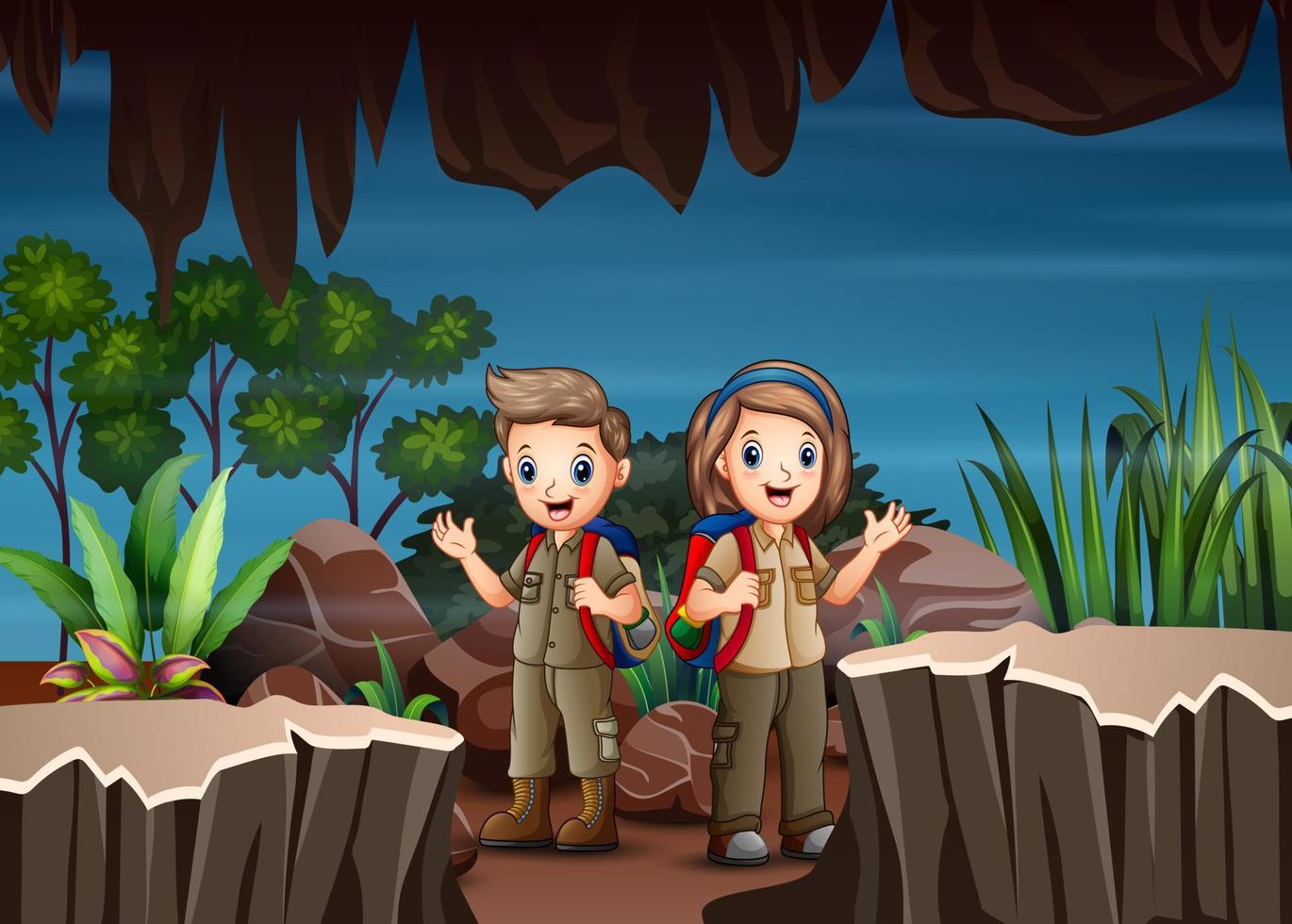 niños de dibujos animados explorando la cueva vector