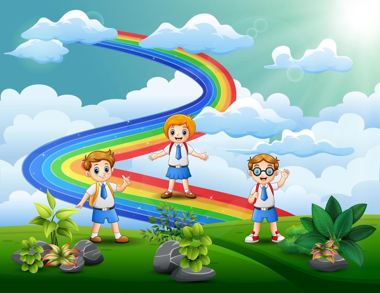 The student at the hilltop with a rainbow vector