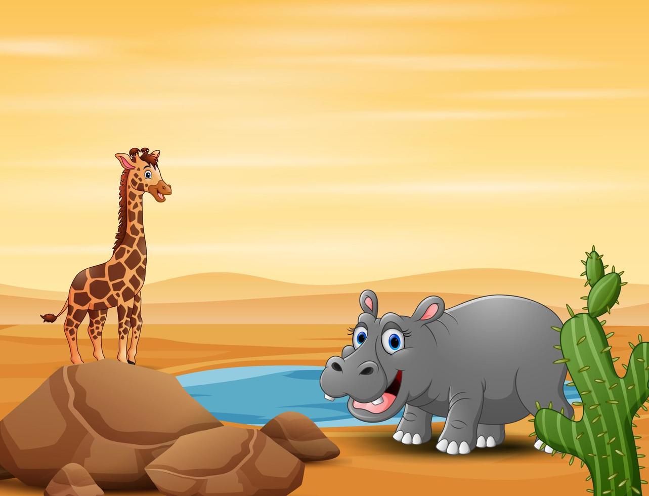 A giraffe and hippopotamus by the small pond vector