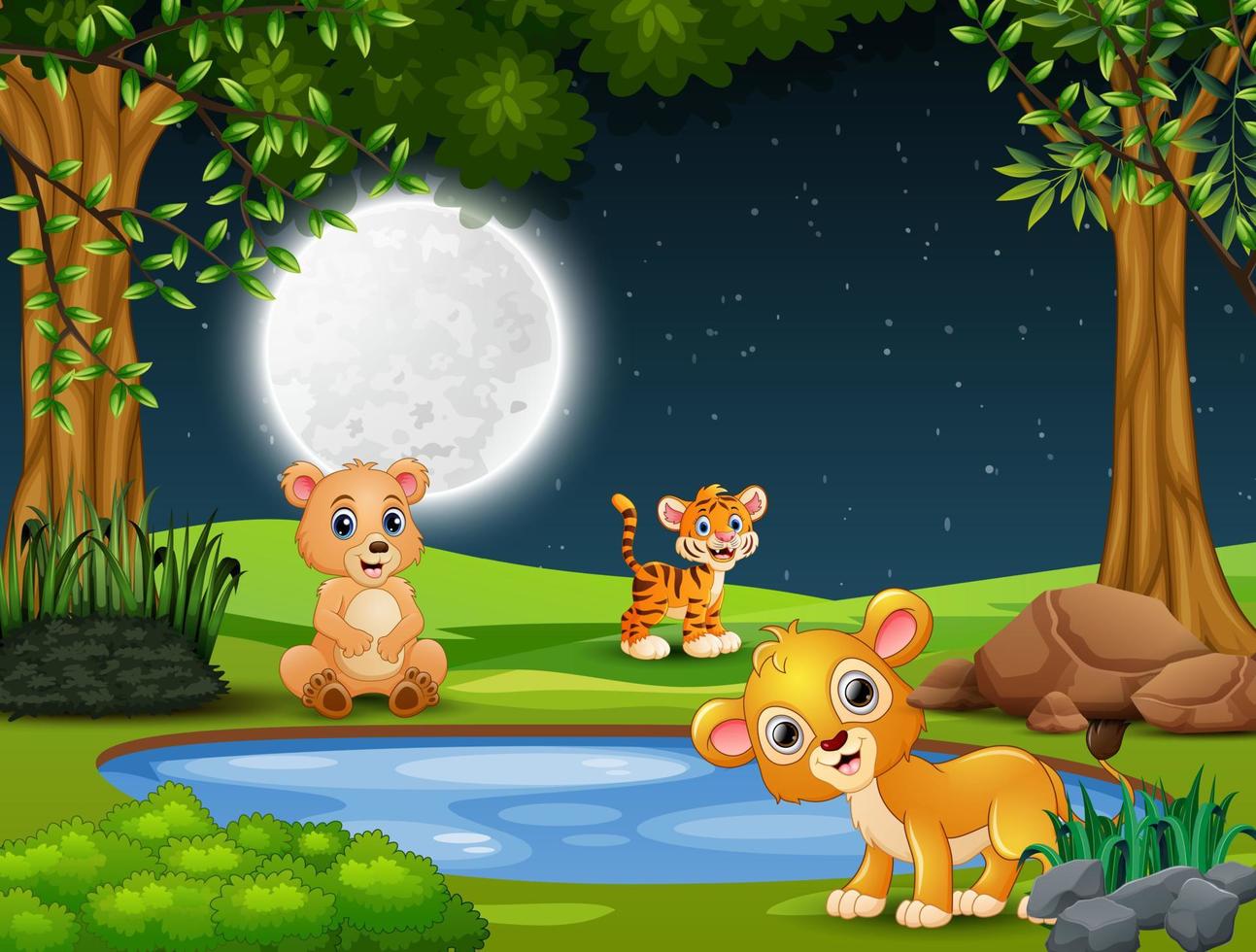 animales bebés jugando junto al pequeño estanque por la noche vector