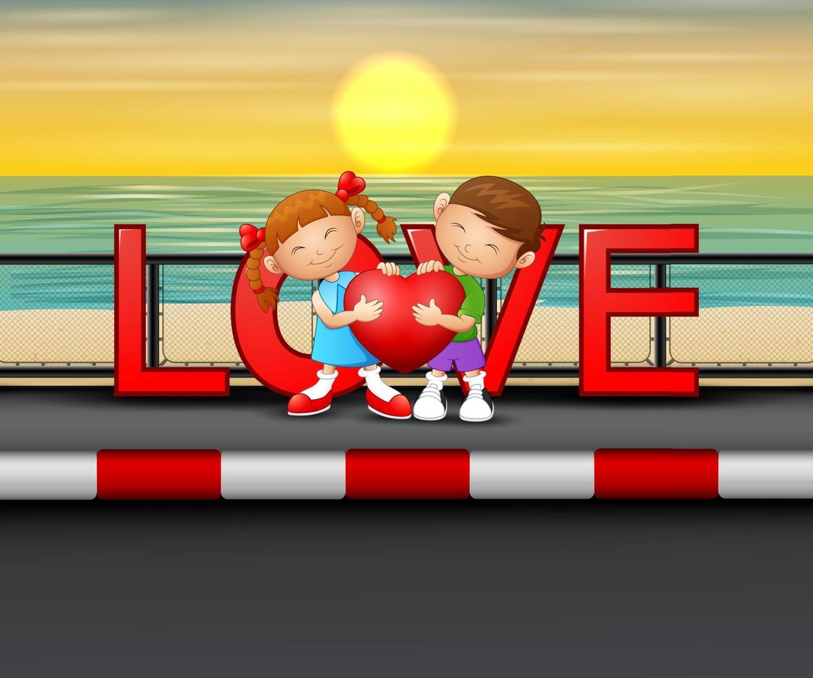 A couple kid holding a heart in the sea background vector