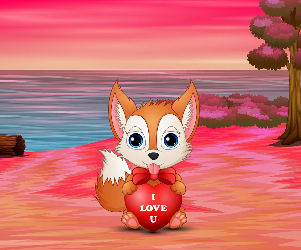 Cartoon fox holding red heart on the beach vector