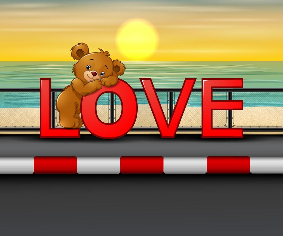 Bear on the red word LOVE in seaside background vector