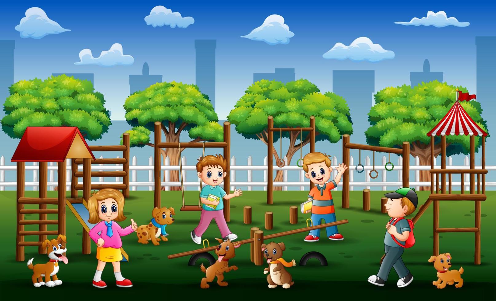 Children and friends playing in a public park with their pets vector