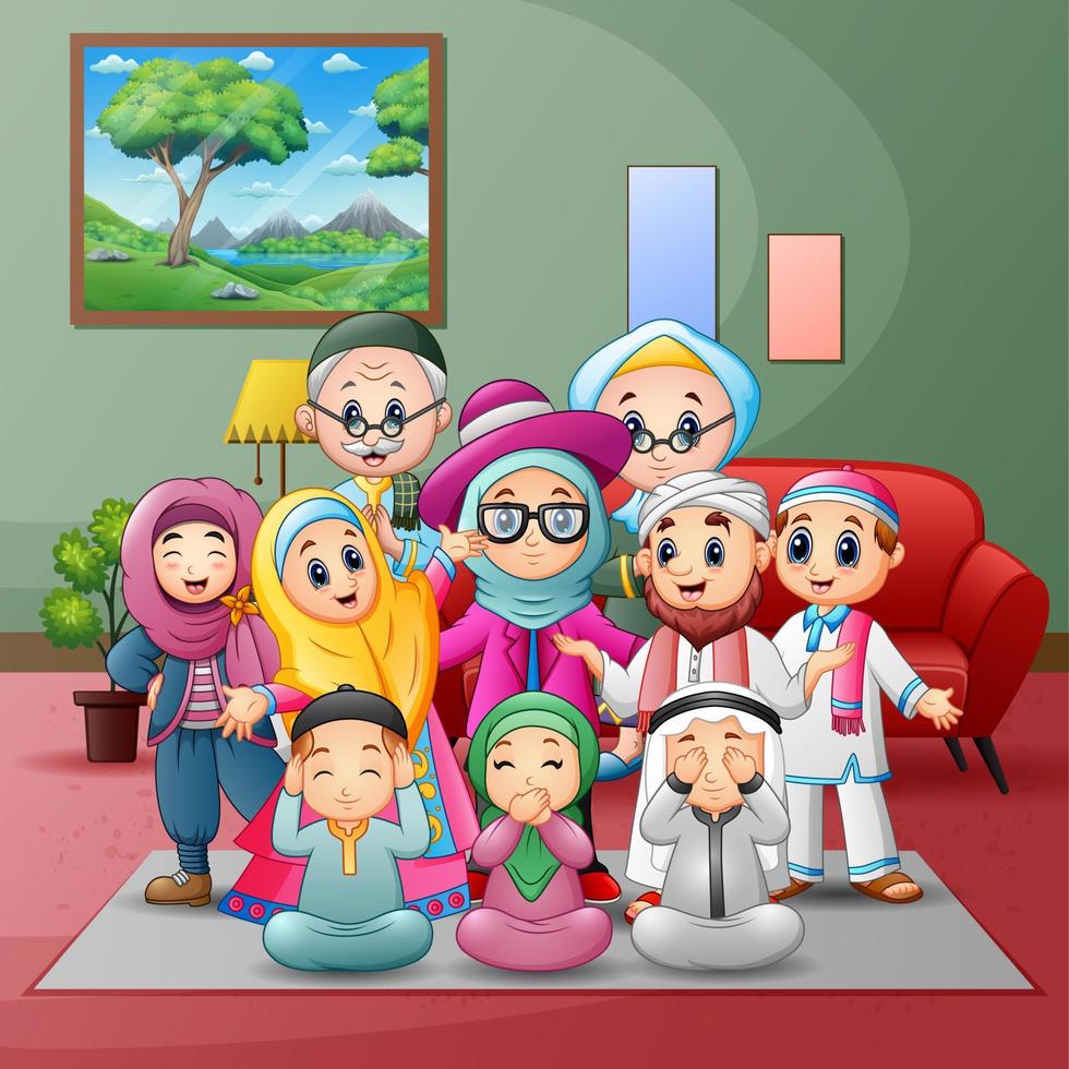 Happy big muslim family members gathered together at home vector