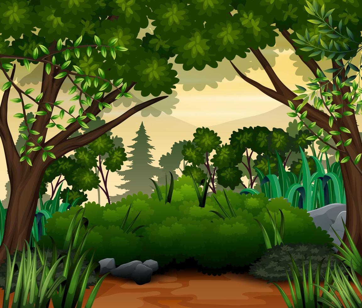 un paisaje de bosque tropical verde con árboles y hojas vector