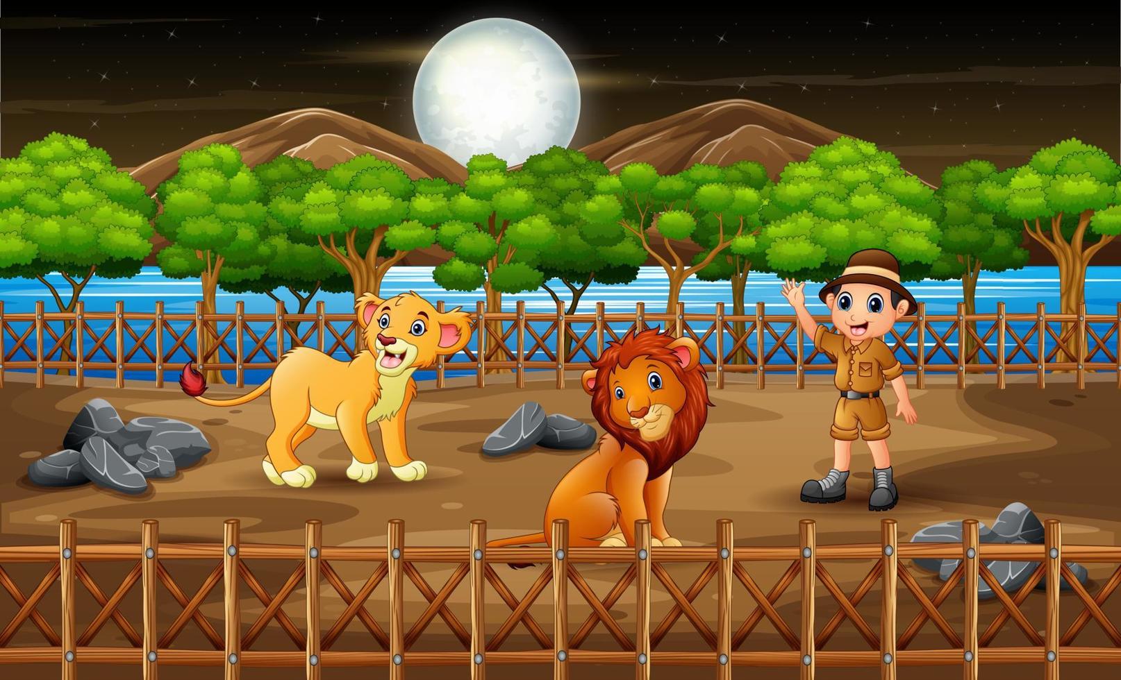 A zookeeper man with lions in the open air cage at night vector