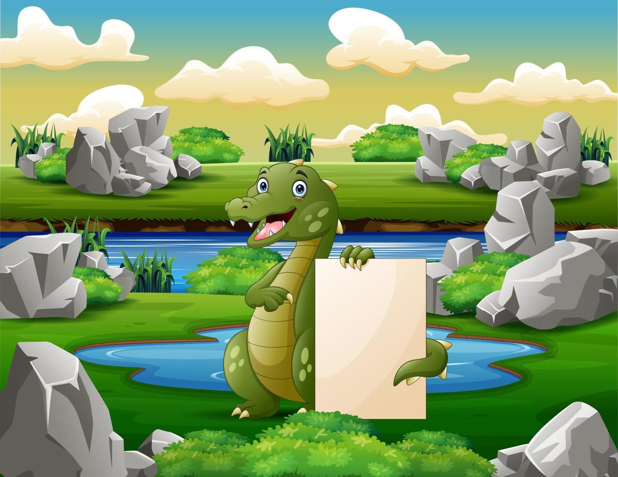 A crocodile holding blank sign near the small pond vector