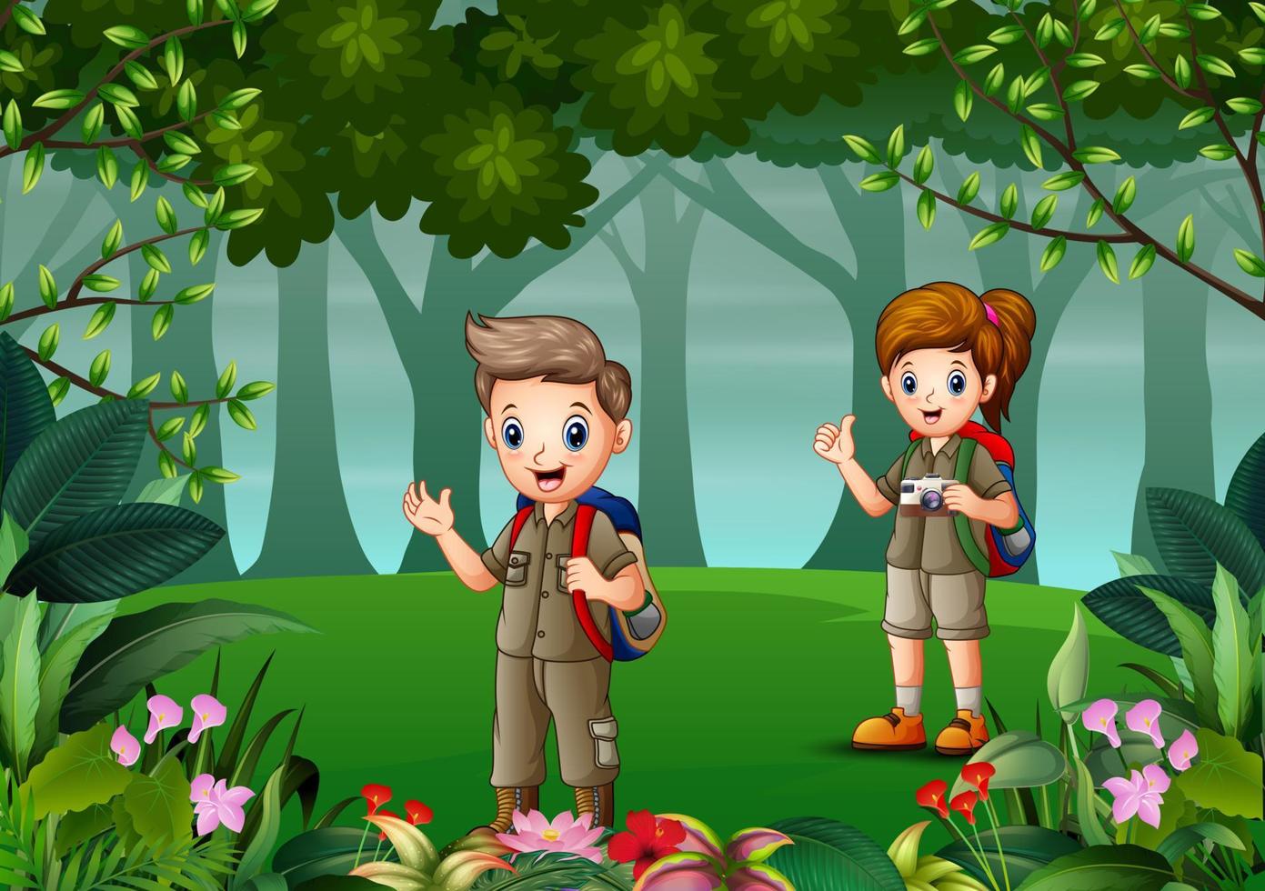 niño explorador y niña en uniforme explorando el bosque vector