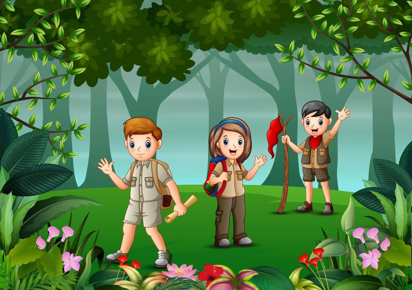 Group of scout are exploring the forest vector