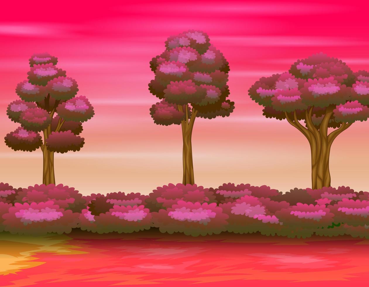 Illustration of forest landscape on the pink sky vector