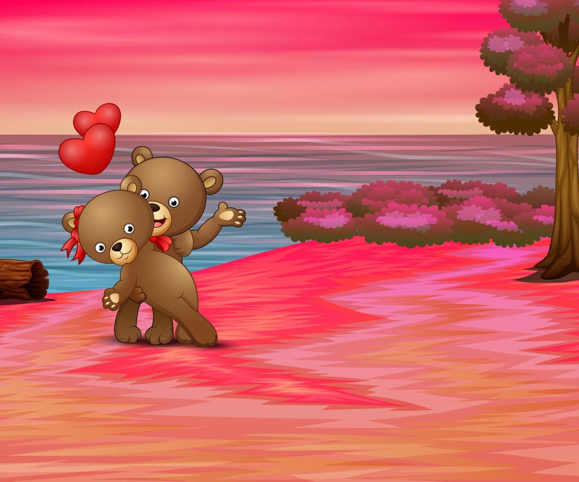 Valentines day concept with happy couple bear on the beach vector