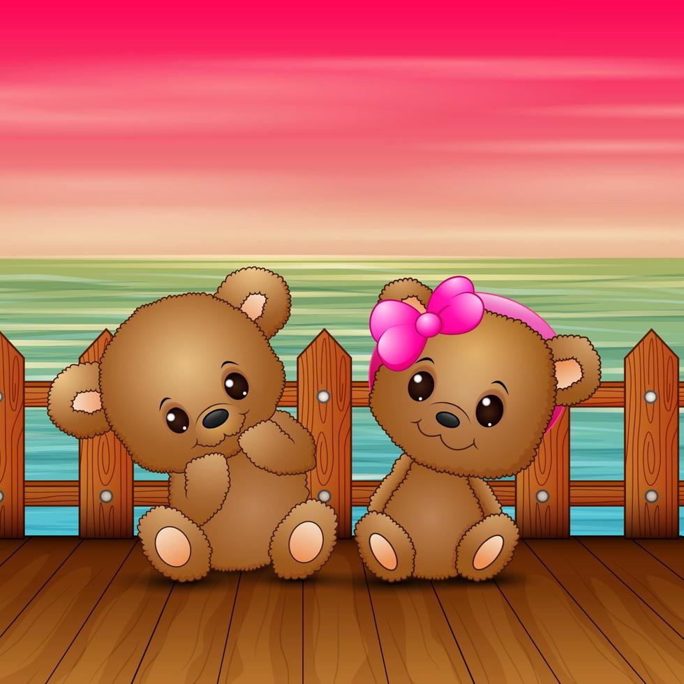 Cute couple a teddy bear sitting on seaport vector