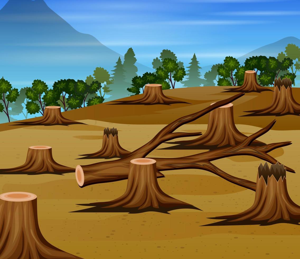 Deforestation scene with chopped woods illustration vector