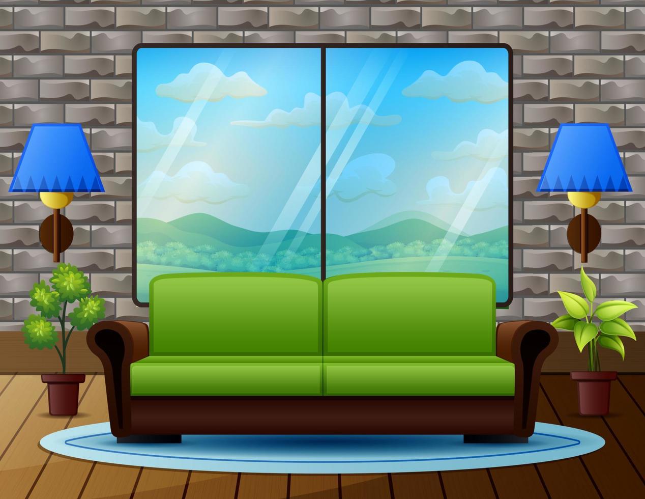 sala de estar con sofá y vistas a la naturaleza desde la ventana vector