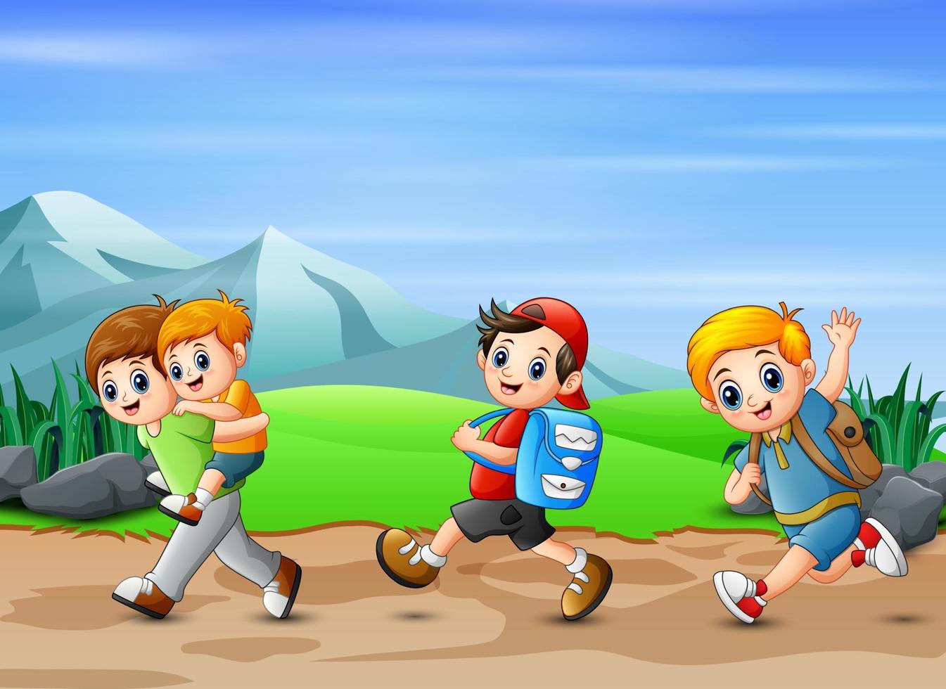 Scene of many boys running on the road vector