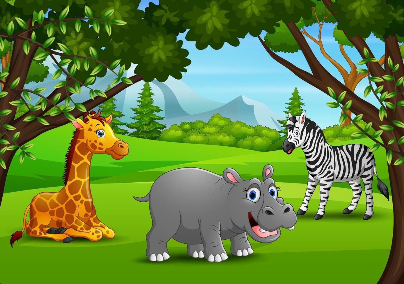 Wild animals cartoon enjoying in the jungle vector