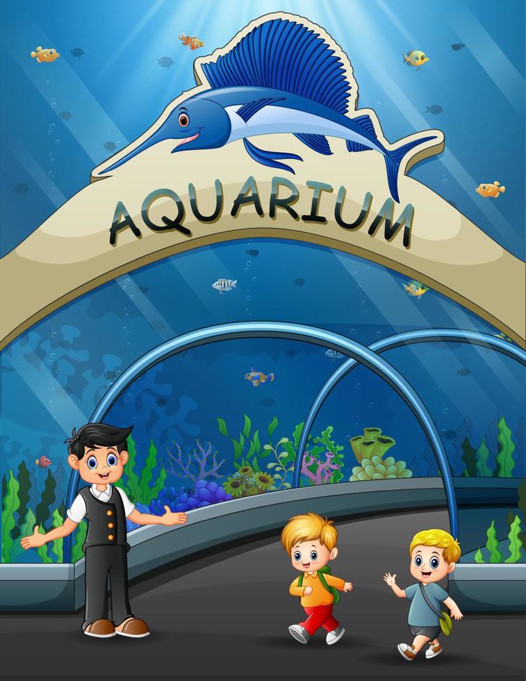 Cartoon children walk to underwater museum vector