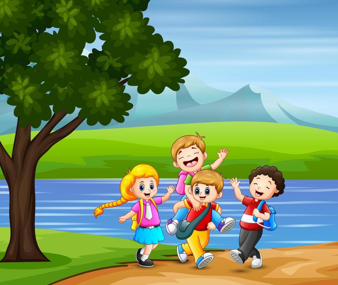 Happy kids go to school together vector