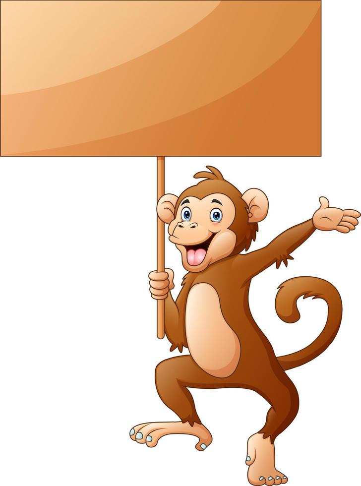 Monkey cartoon holding a wooden sign on white background vector