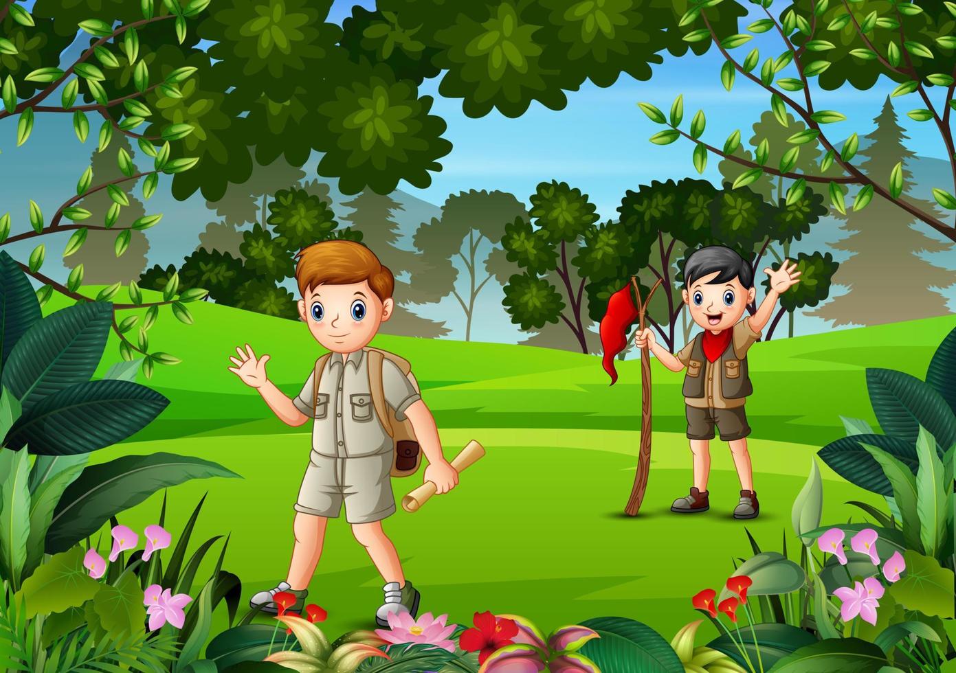 Hiking boy scouts at the forest vector