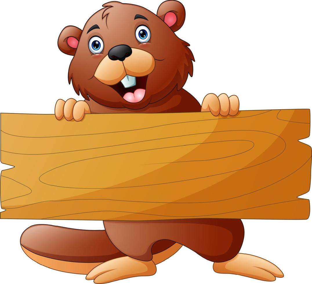 Beaver cartoon holding a wooden sign on white background vector