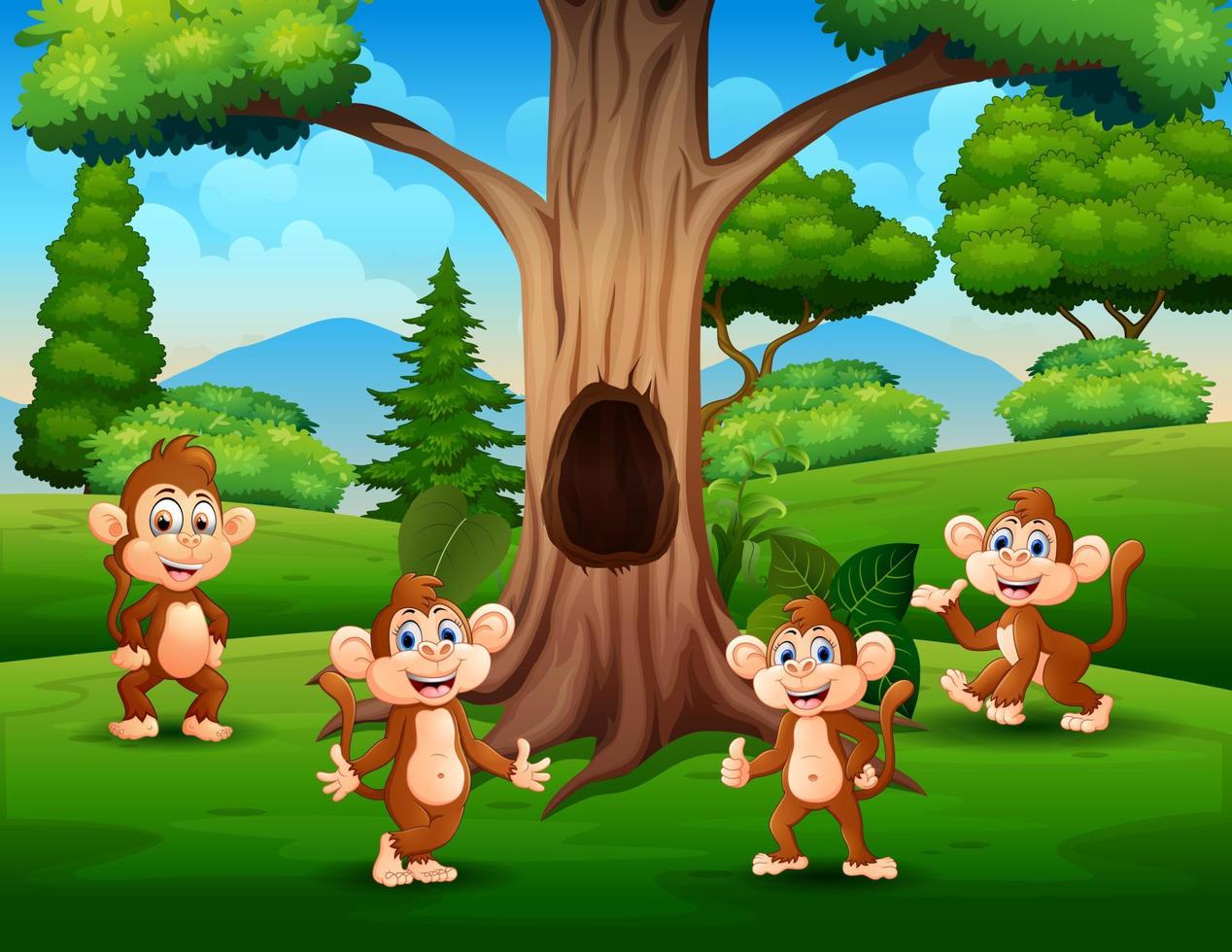 escena con un grupo de monos debajo del árbol vector