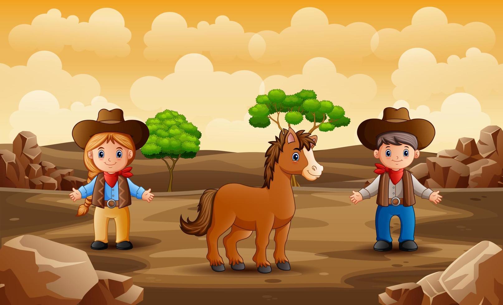 Cartoon cowboy and cowgirl with a horse in the desert vector