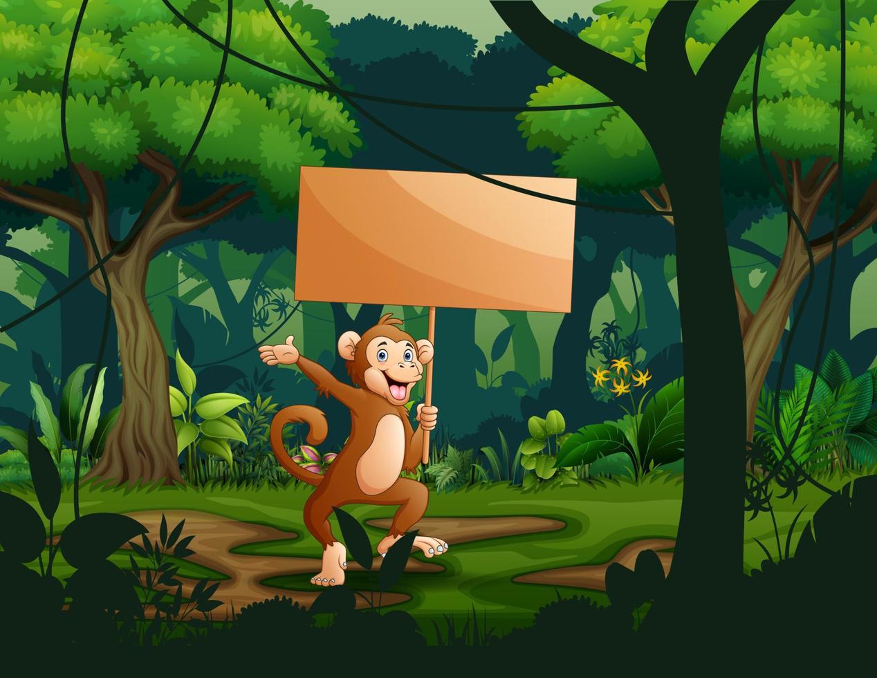 A monkey holding an empty wooden sign board in the forest vector