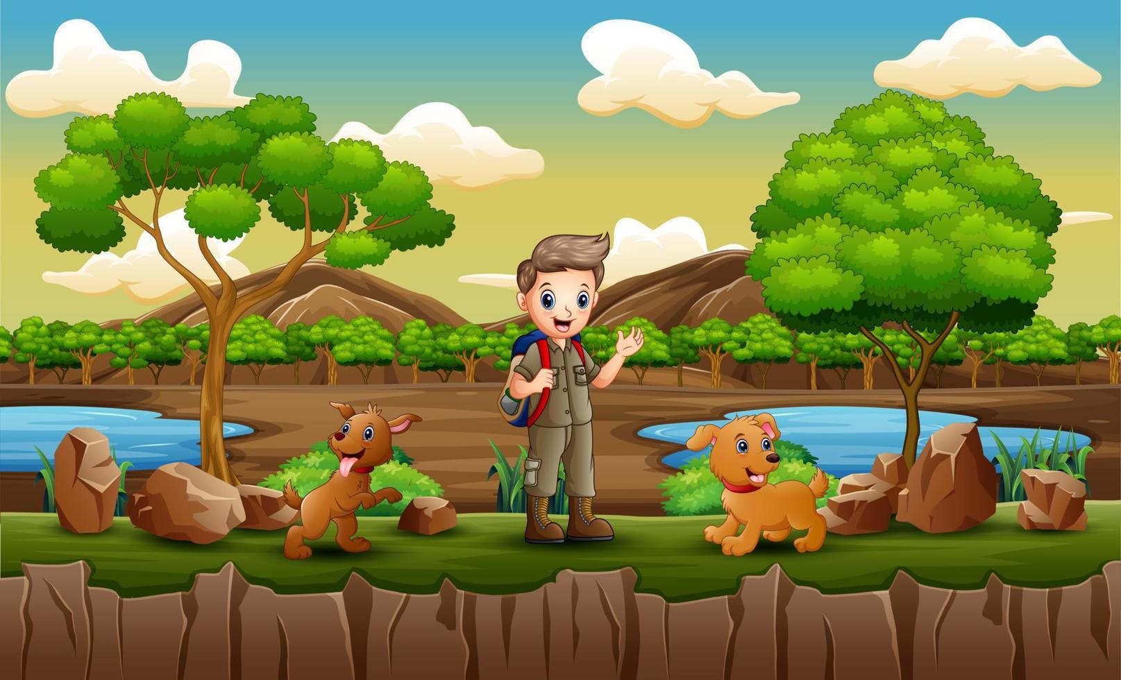 Park scene with scout boy exploring outdoors vector
