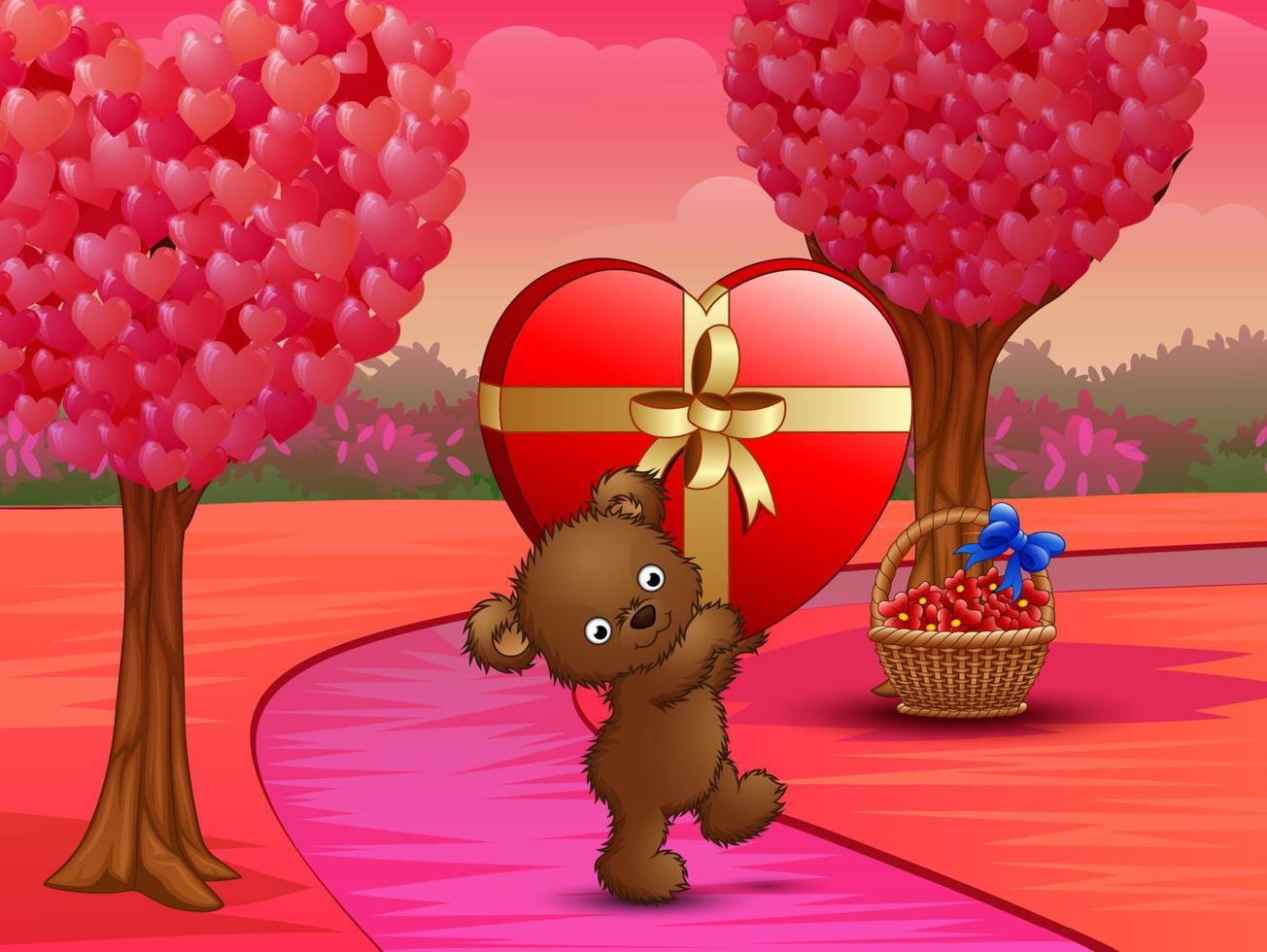 Teddy bear carrying big gift of red heart in pink field vector