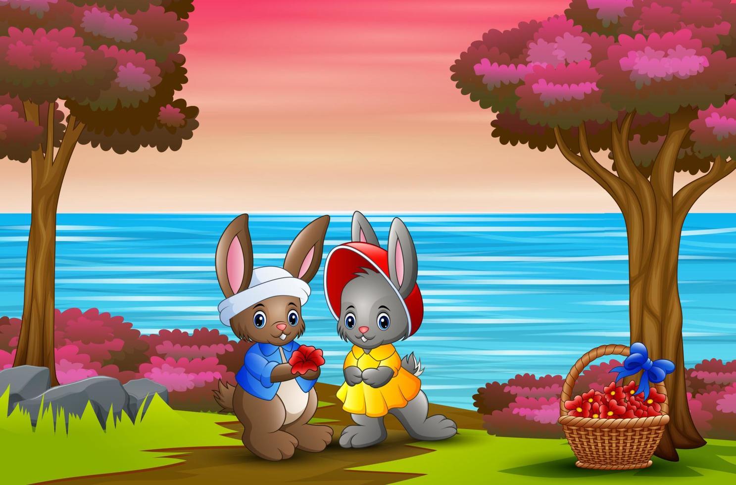 Romantic of loving rabbit couple on the forest background vector