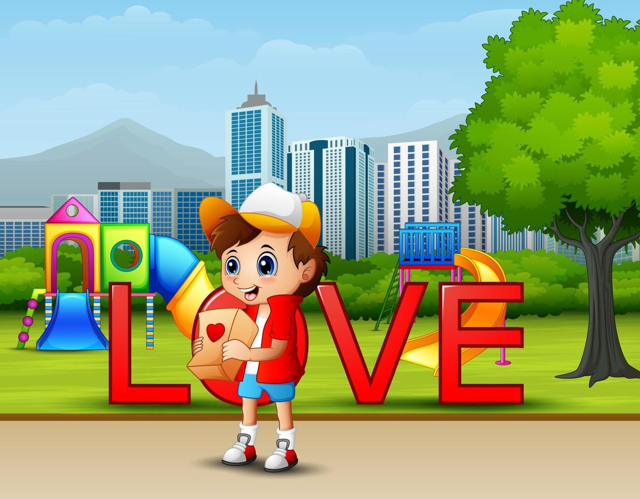 A boy giving gift packages for his girlfrind in the park vector