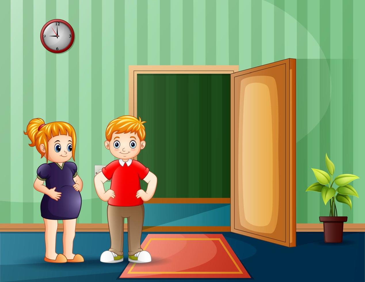 Happy pregnant couple standing in front of open door vector