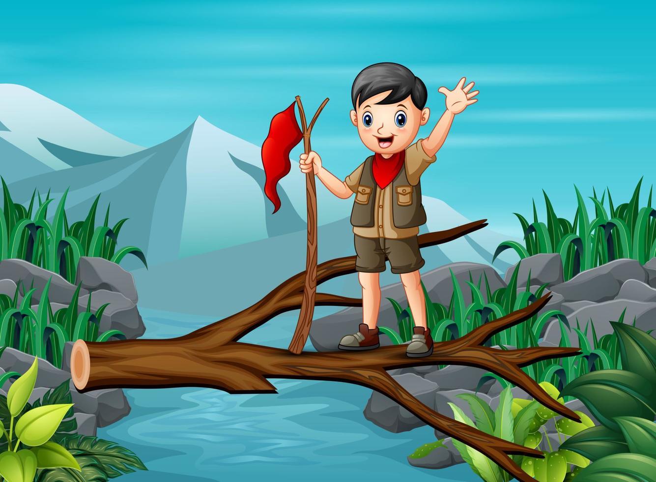 un niño explorador parado en el baúl sobre el río que fluye vector