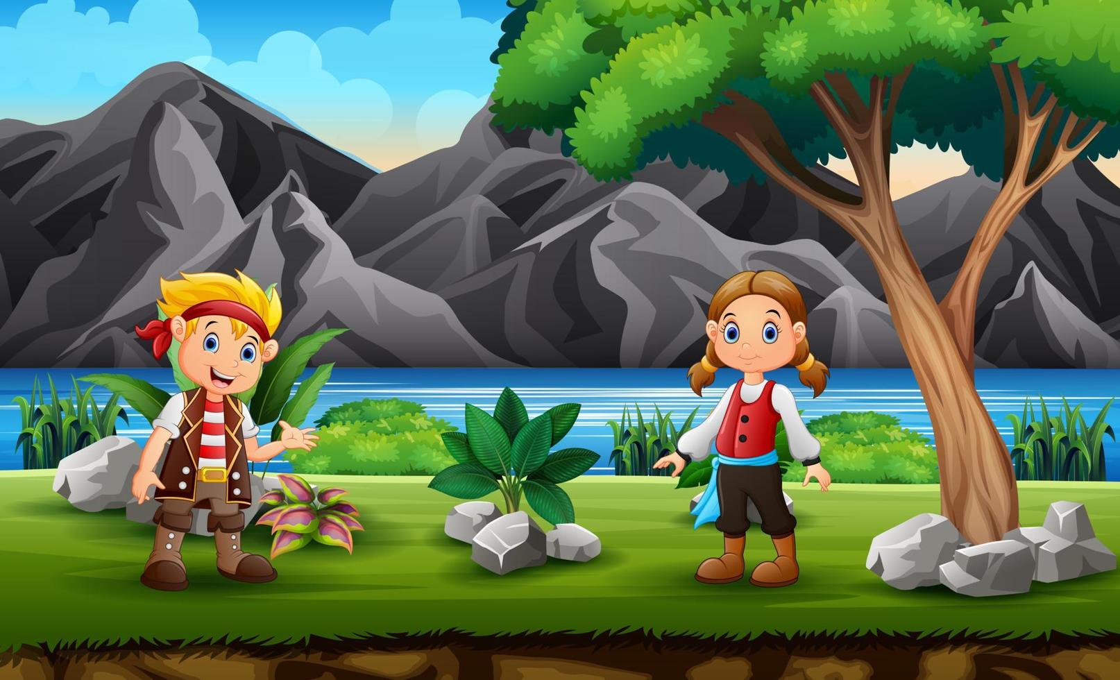 Pirate boy and girl in the nature background vector