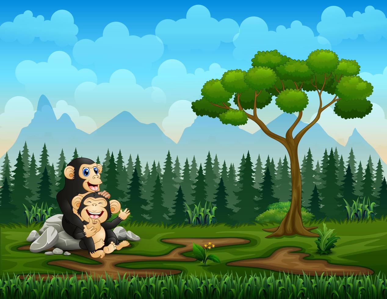 Happy chimpanzee mother with her baby in the green field vector