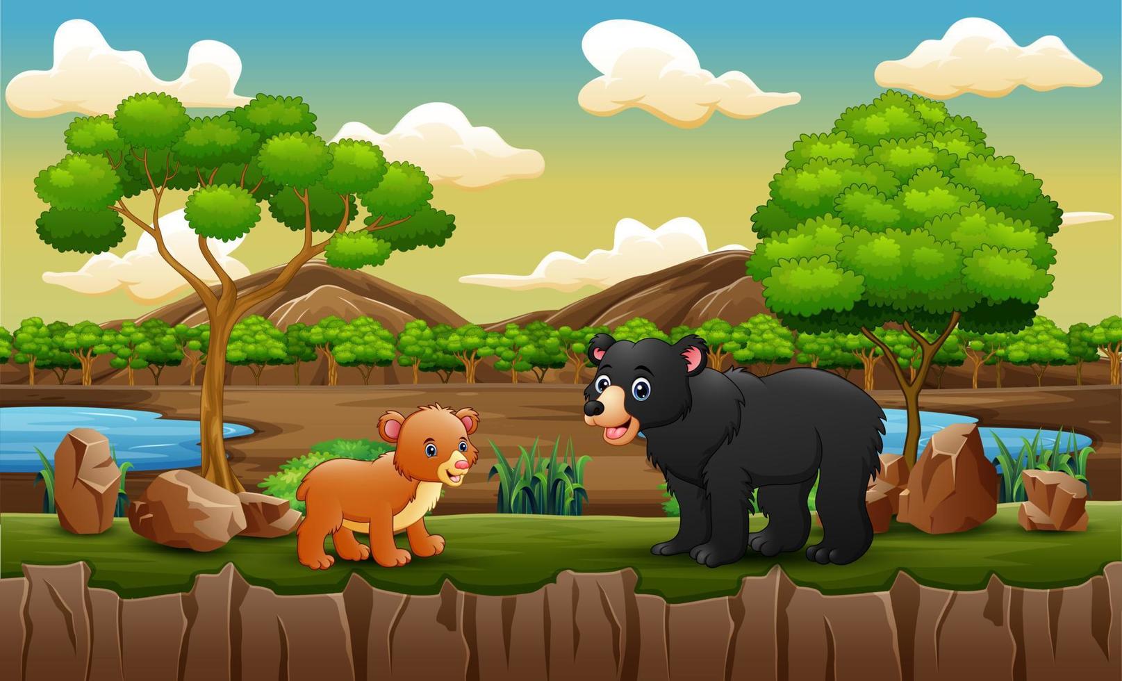Adult bear and baby bear at the open zoo vector