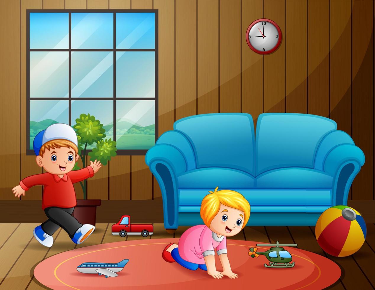 Children playing their toys inside the room vector