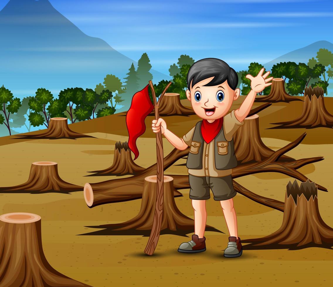 escena de deforestación con un niño explorador vector