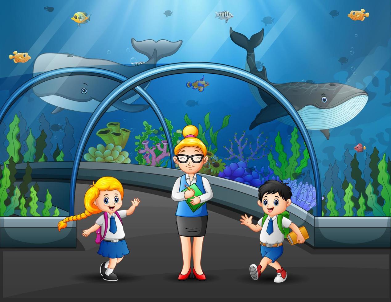 Group of kids watching fishes at aquarium excursion with woman teacher vector