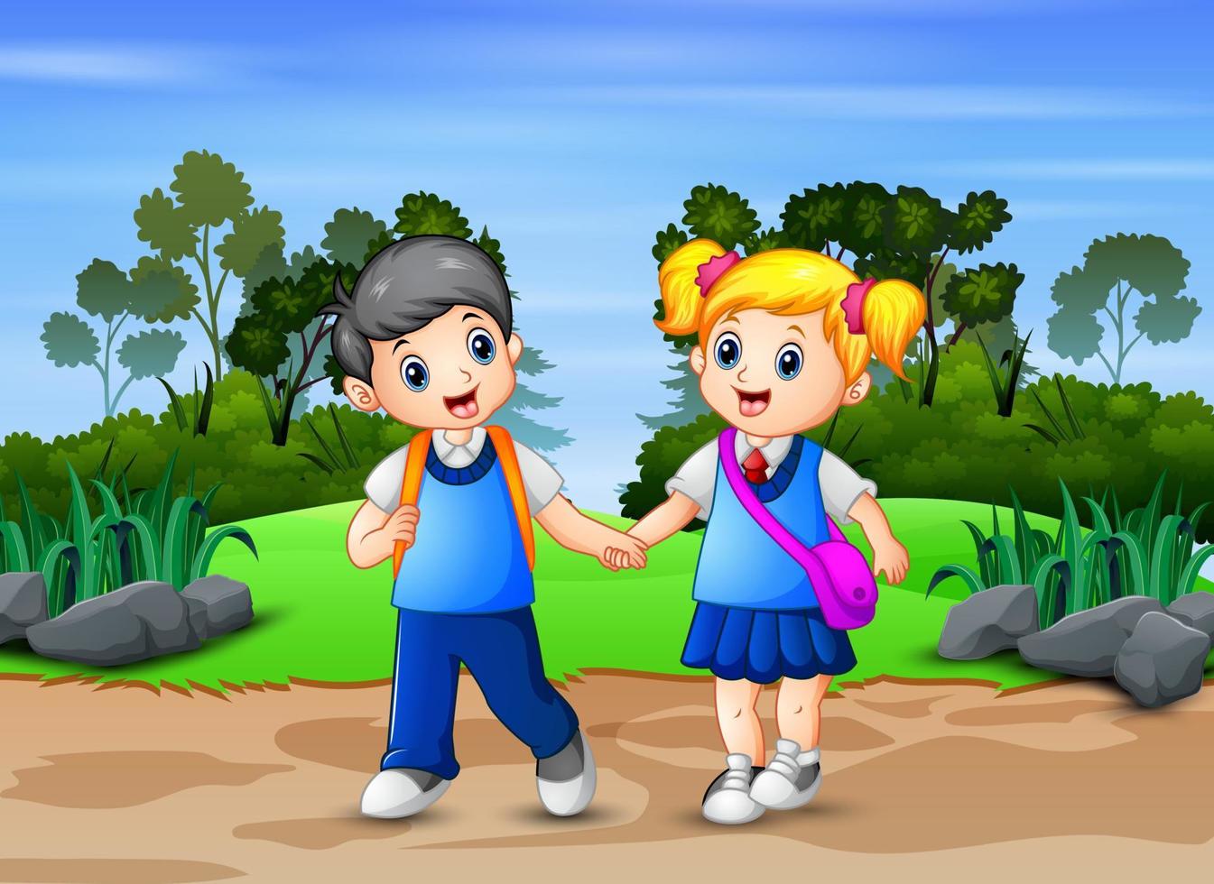 Happy school children walking pass through in park vector