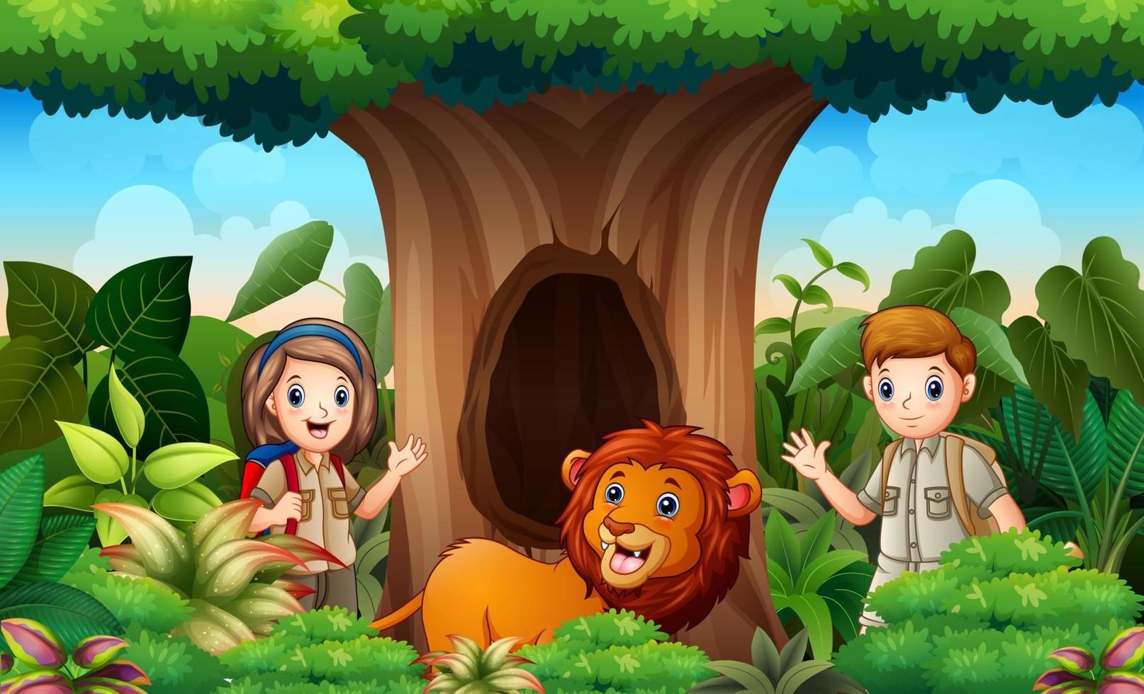 Zookeepers and lion under the hollow tree vector