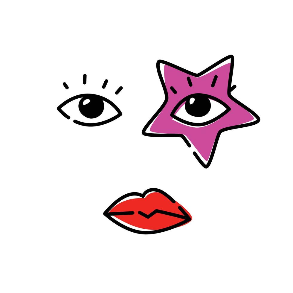 ilustración de ojos humanos. vector. la mirada se dirige al espectador. una imagen de una estrella del pop. estrella roja como maquillaje en la cara. imagen de moda para camiseta. vector