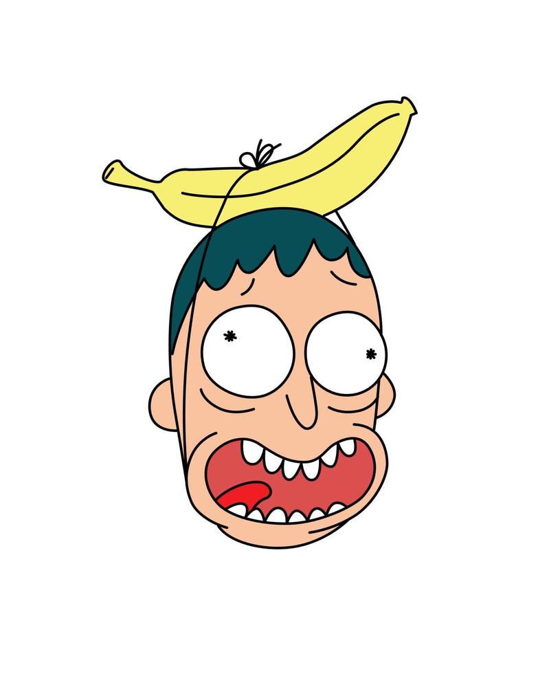 Head with banana. Vector. Flat style. Cheerful crazy character for a party. Logo, mascot. The image of a sick person and a creative artist. vector