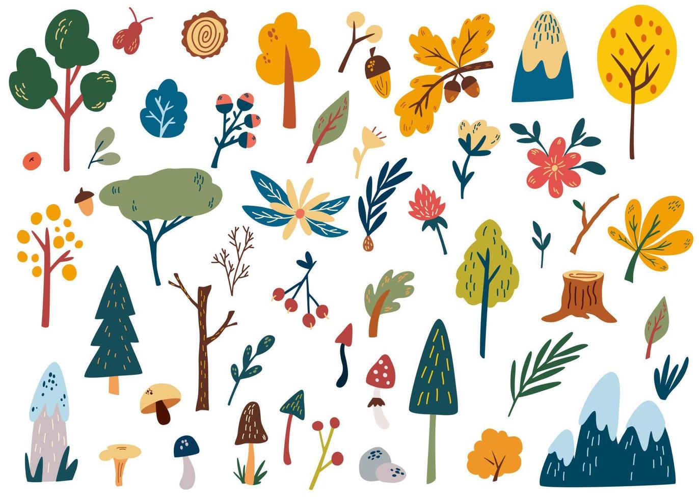 Forest plants clipart collection. Hand drawn woodland trees, herbs ...