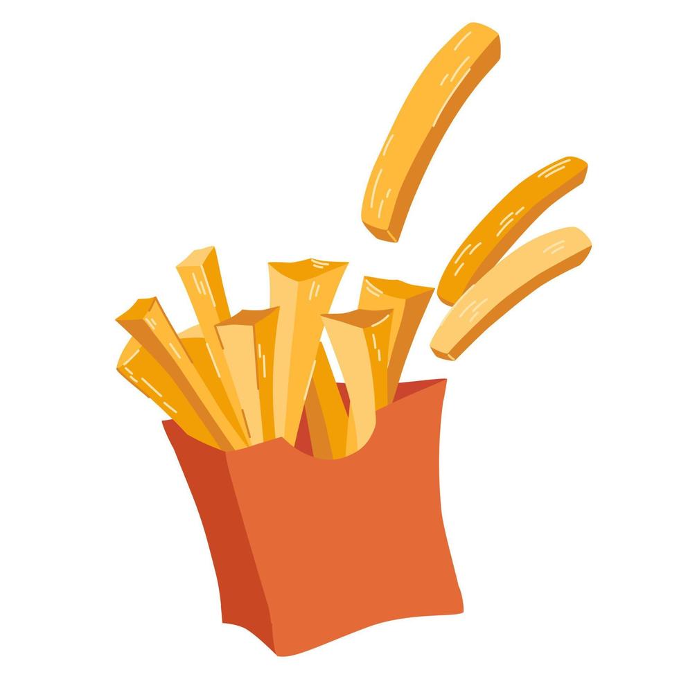 papas fritas. comida rápida en una caja de embalaje roja. papas fritas. alimentos grasos y poco saludables. ilustración de dibujos animados de vector aislado en el fondo blanco.