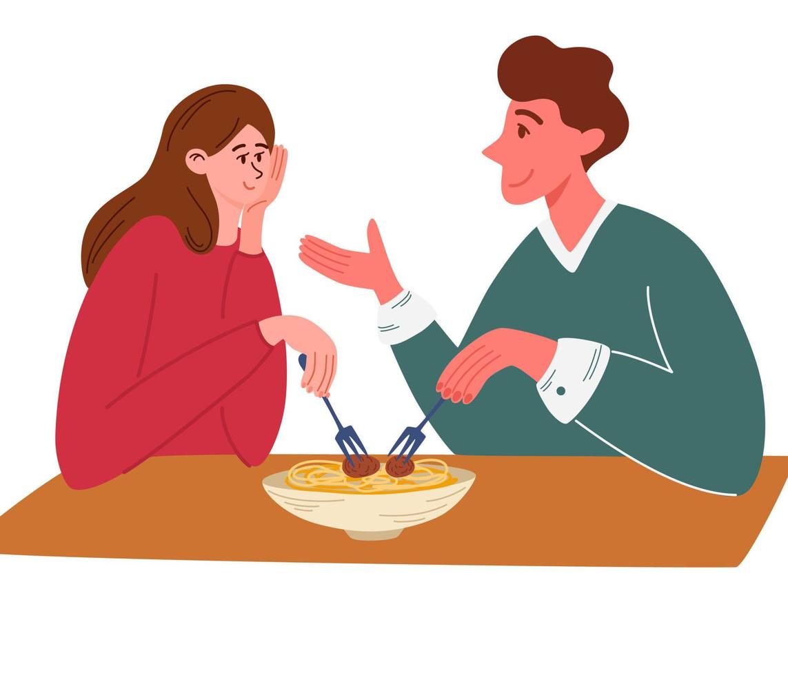 Couple communicates and eat. Eating pasta together concept. Young  happy couple cartoon characters sitting at table eating fresh italian cuisine together. Communication and love. Vector illustration