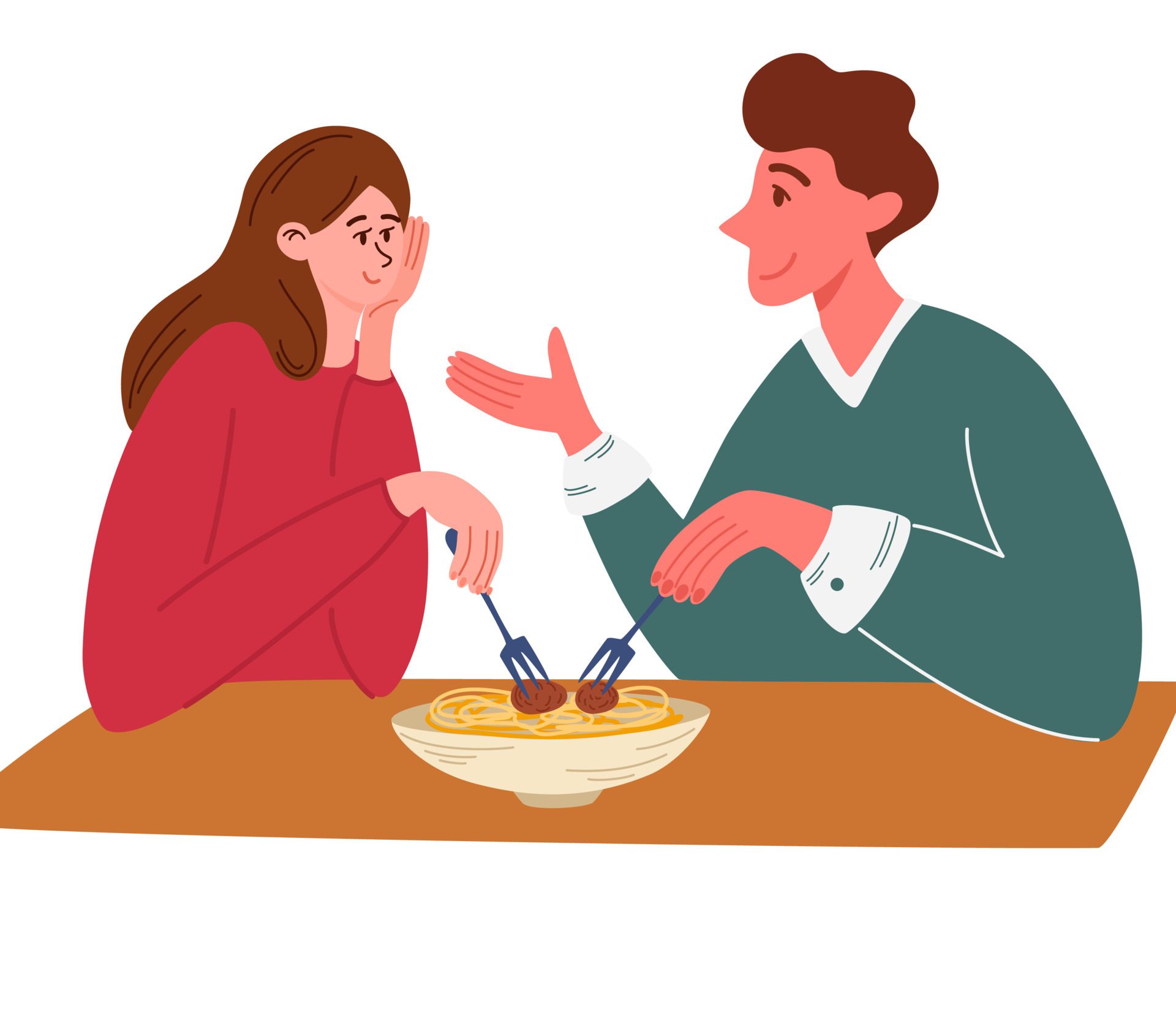 Couple communicates and eat. Eating pasta together concept. Young happy  couple cartoon characters sitting at table eating fresh italian cuisine  together. Communication and love. Vector illustration 5952180 Vector Art at  Vecteezy